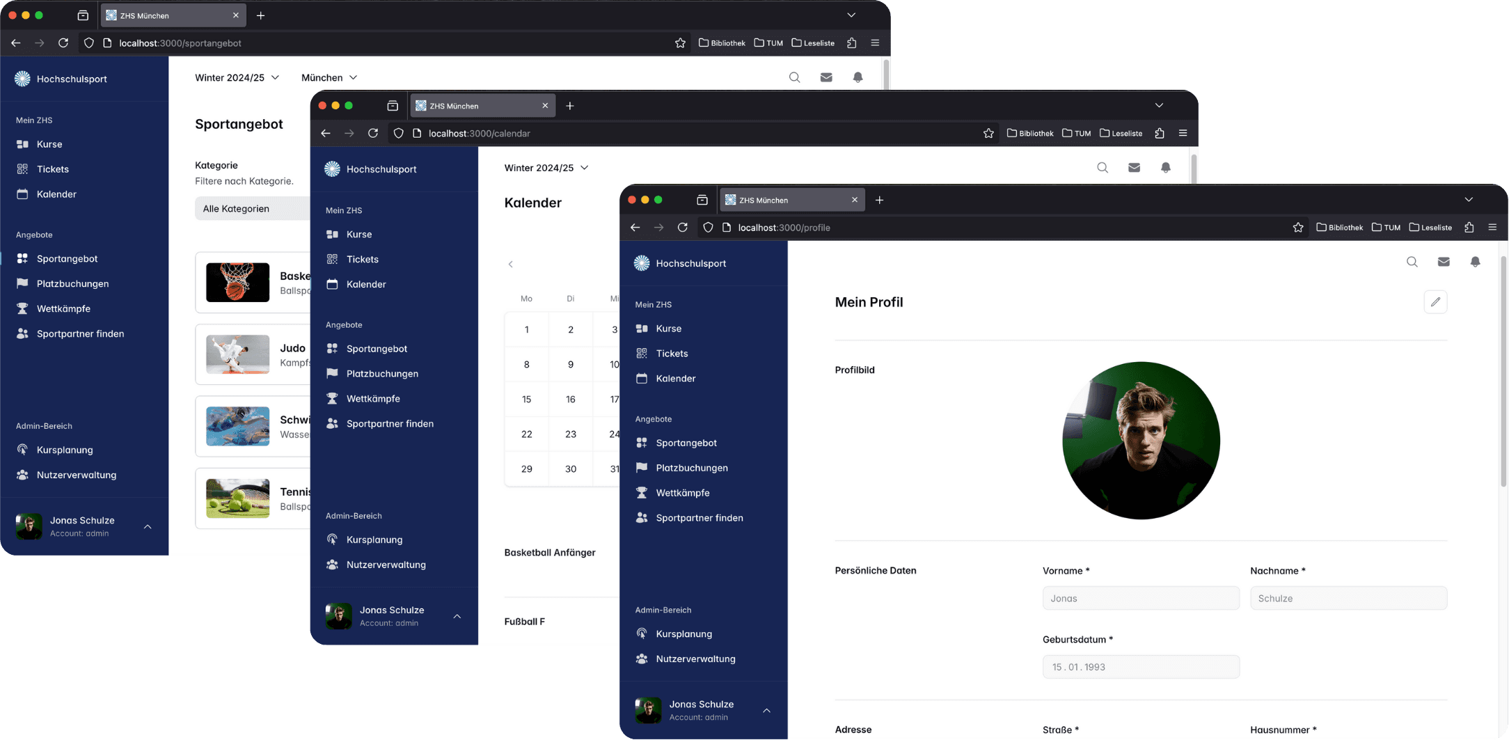 Sportangebot, Kalender und Profilansicht in Unisport Connect